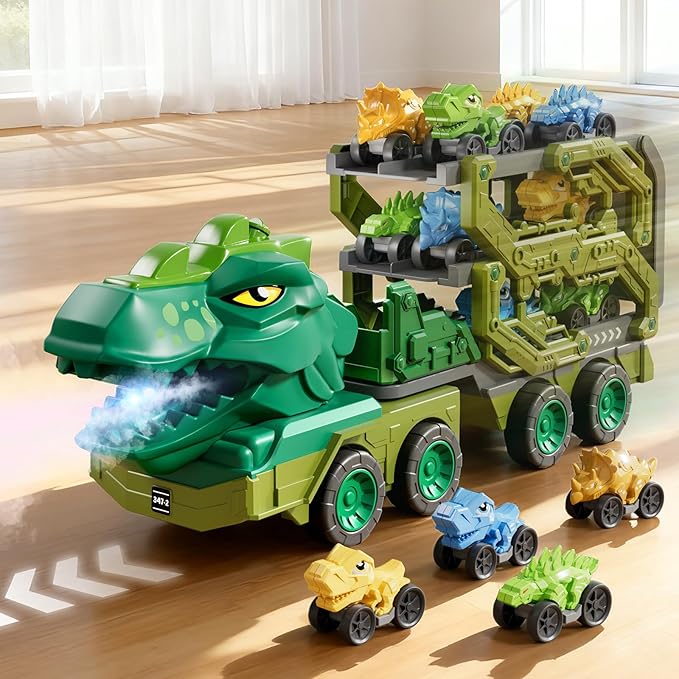 Toddler Car Truck Toys for Kids Ages 3-5, 10-in-1 Dinosaur Carrier Truck with Foldable Track Toys with Spray, Light & Sounds and 9 Dino Cars, Birthday Gift for 3 4 5 6 7 8 Years Old Boys Girls