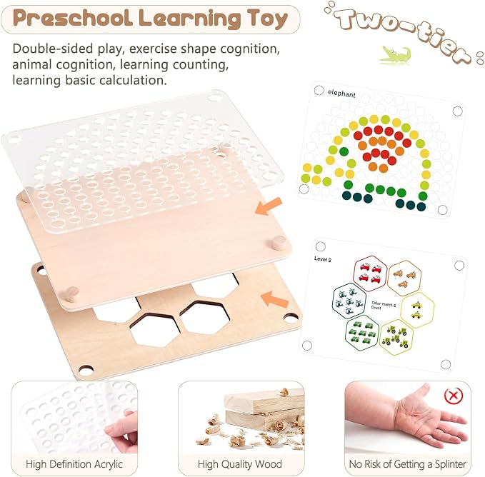 ibwaae Wooden Peg Board Beads Game Color Matching Toys for Toddlers Counting Toy for Preschoolers Learning Montessori Toys Fine Motor Math Gift for Girls and Boys - Image 3