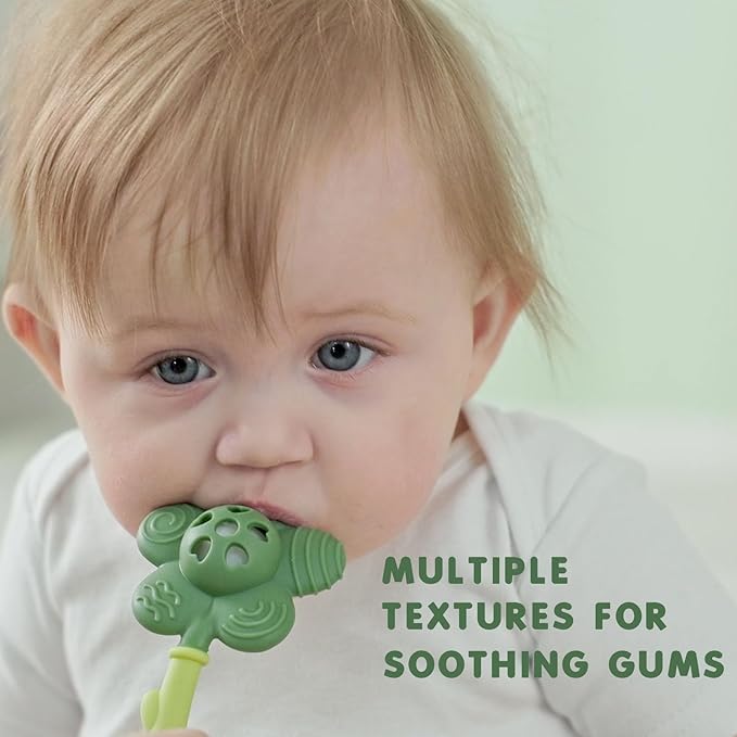 Baby Teething Toys and Rattle 2-in-1 for Babies 0-6 6-12 Months, Food Grade Silicone Teethers for Baies 3-6 Months, Infant Teething Relief Chew Toys, Sunnyflower Teether Toy BPA Free - Green