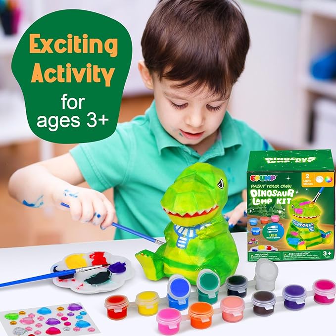 EPUMP Paint Your Own Dinosaur Lamp Kit - Rechargeable 1200mAh Night Light with 2 Light Modes, Arts and Crafts Painting Toys for Girls Boys, Art Supplies Birthday & Christmas Gifts for Kids Ages 3-12+