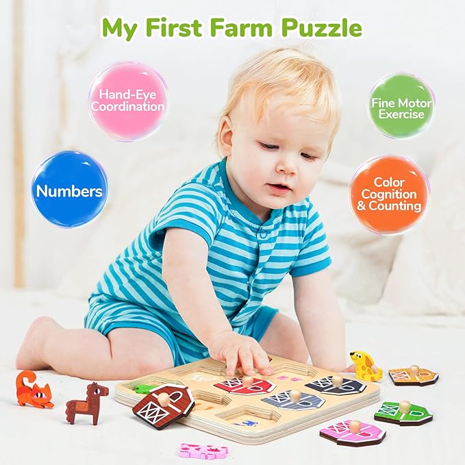 JoyCat Wooden Puzzles for Toddlers 1-3, Montessori Toys for 1 2 Year Old Boy Girl Birthday Easter Gifts, Animal Match Farm Peg Puzzles, Preschool Learning Toys for Toddlers Age 1-2