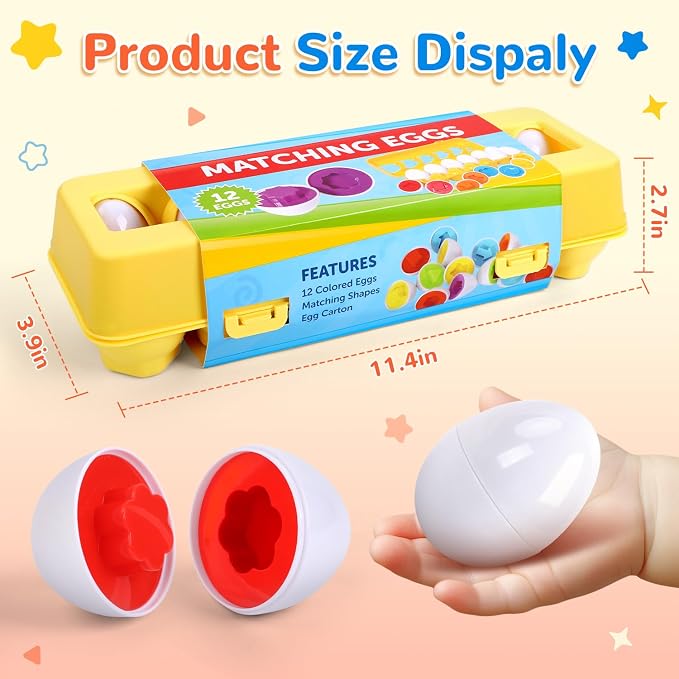 USATDD Matching Eggs for Toddlers Montessori Geometric Eggs Color & Shape Recognition Toy, Fine Motor Skills Shape Sorter Puzzle, Easter Eggs Toys Gifts for Kids, Easter Basket Stuffers - Image 2