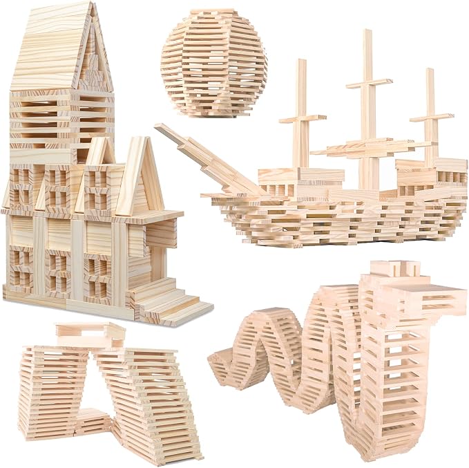 Wooden Building Blocks 100PCS Montessori STEM Toy for Kids, Solid Natural Pine Wood, Creative Shapes for 3D Space Stacking Games and Sensory Play, Stacking Blocks by NiToy
