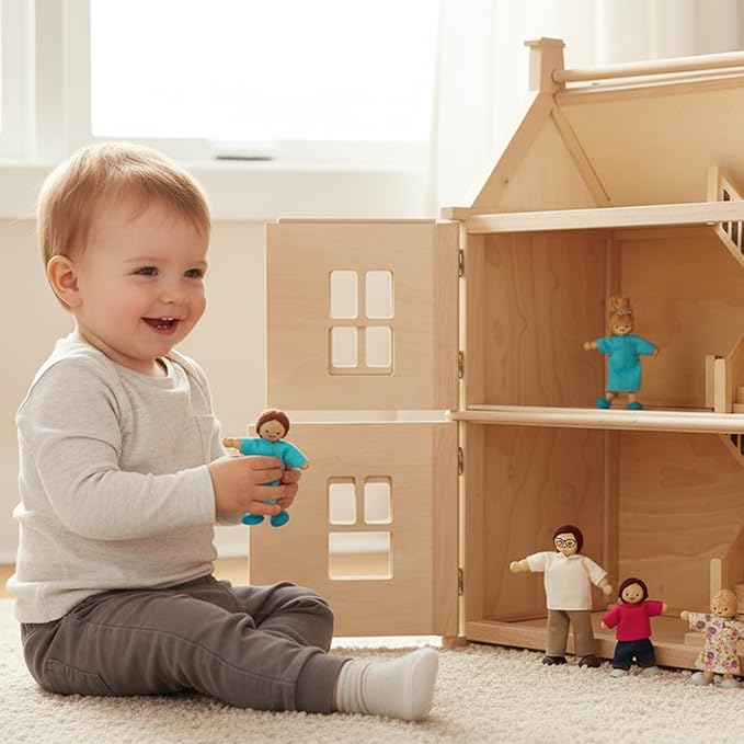 PlanToys® Wooden Dollhouse Family Set– Light Skin & Brown Hair| 4 Poseable 1:12 Scale Doll House People | Montessori Pretend Play Figurines | Eco-Friendly Sustainable Wooden Toy for Kids