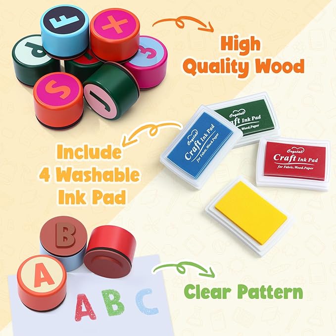 Toyssa Wooden Alphabet Number Stamp for Kids, ABC Spelling Learning Toys with Letter Stampers & 4 Ink Pads & Flashcards, Mathematics Preschool Educational Toys Gift for Kids Aged 3 4 5 Boys Girls