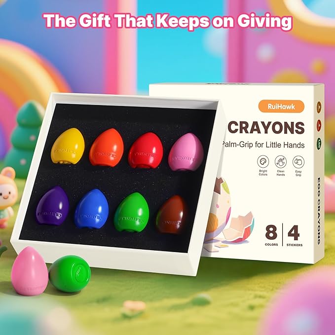 Egg Crayons for Toddlers 1-3, 8 Pack Jumbo Palm Grasp Crayons with Anti-Roll Flat Bottom & Fruit Patterns - Washable, Non-Toxic & Unbreakable Art Supplies for Kids, Gift for Boys & Girls