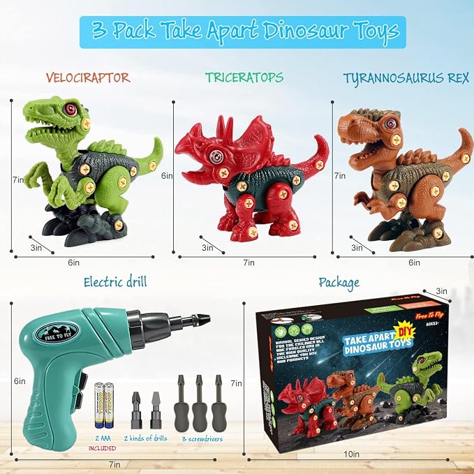 FREE TO FLY Dinosaur Toys Gifts for 3 4 5 6 7 8 Year Old Boys: Stem Dinosaur Toy for Kids 3-5 Building Learning Eductional Take Apart Dino Toys with Electric Drill Birthday - Image 5