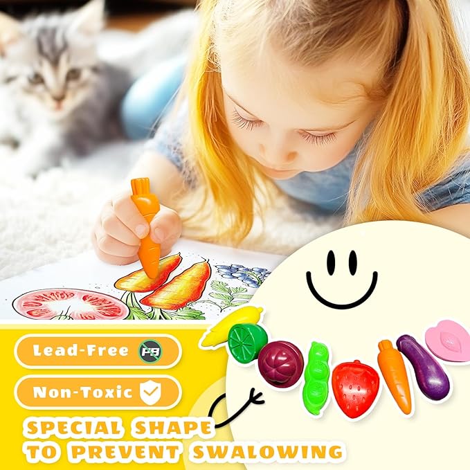 R&DLanci Toddler Crayons 8 Count, Non Toxic Washable Crayons for Toddlers, Unbreakable Easy-Grip Vegetable & Fruit Shaped Crayon for Little Hands, Art and Craft Supplies for Kids
