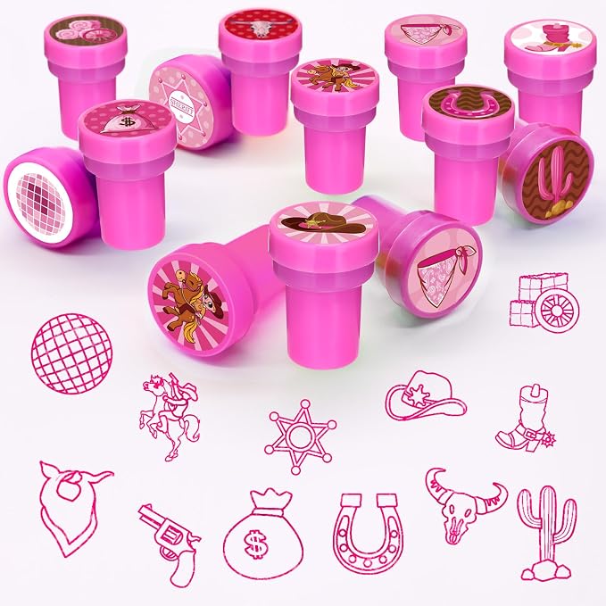 Cinrobiye 24 Pcs Pink Western Cowgirl Stampers Party Favor Set, Cute Cowboy Cowgirl Stamps for Kids Birthday Party, Classroom Rewards, Carnival Prizes, Goody Bag Fillers, Western Rodeo Party Supplies - Image 4