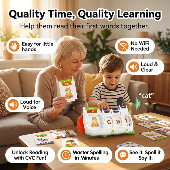 CVC Word Spelling Game for Kids Ages 3-7, Talking Flash Cards with Alphabet Card Reader, 107 Sight Words, Letter Matching and Spell-Check Practice, Preschool Kindergarten Learning Toy Gift - Image 4