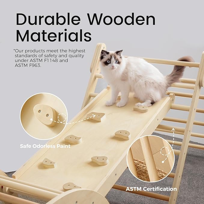 Tiny Land Pikler Triangle Set, 7-in-1 Foldable Pikler Triangle Climbing Toys Set for Kids,Baby Indoor Playground Jungle Gym, Wooden Montessori Climbing Set for Toddler (Natural)