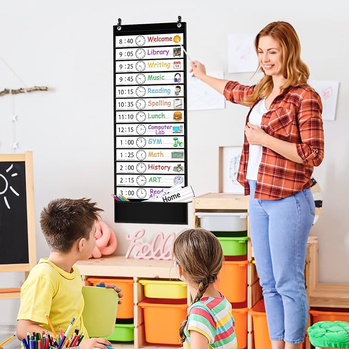 AKAYOK Daily Schedule Pocket Chart — 13+1 Pocket Visual Schedule for Kids, Includes 18 Double-Sided Blank Reusable Dry-Erase Cards, Daily Planner with Hourly Schedule for Classroom, Office, Home, School Activities (Black) - Image 7