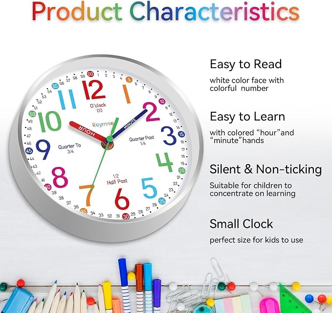Roymnie Wall Clock 12" for Kids Learning Battery Operated Teaching Silent - Image 6