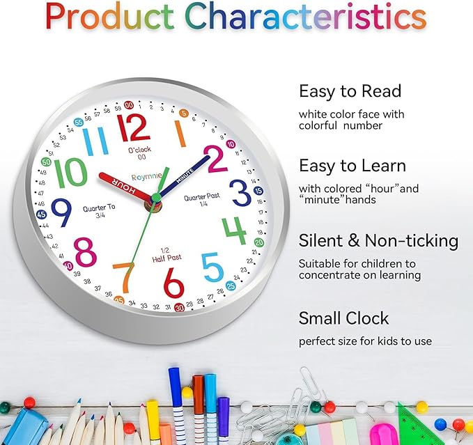 Roymnie Wall Clock 10" for Kids Learning Teaching Silent Battery Operated - Image 6