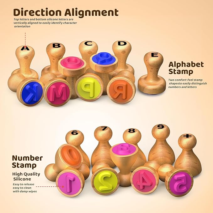 ‌Wooden Alphabet & Number Stampers Set with 7-Color Ink Pad | ABCs 123s Learning Stamps & Flashcards | Preschool Homeschool Classroom Supplies Gift for Ages 3+