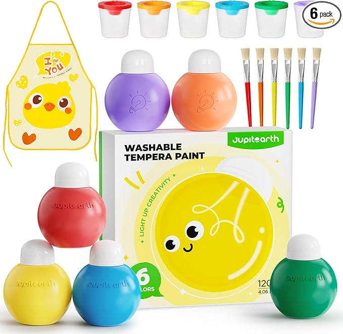 JUPITEARTH 6 Colors Washable Tempera Paint Set, 4.06oz(120ml) Non Toxic Finger Paints for Toddlers and Kids, Included Brush, Cups, Art Smock