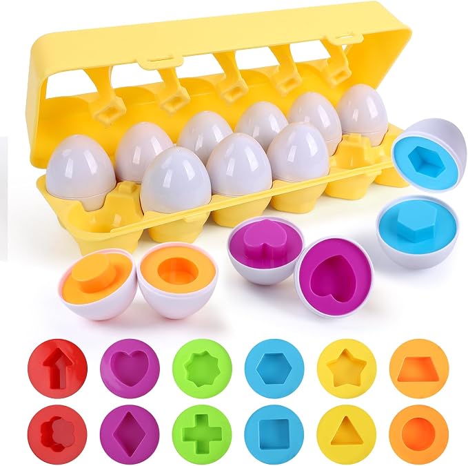USATDD Matching Eggs for Toddlers Montessori Geometric Eggs Color & Shape Recognition Toy, Fine Motor Skills Shape Sorter Puzzle, Easter Eggs Toys Gifts for Kids, Easter Basket Stuffers by USATDD