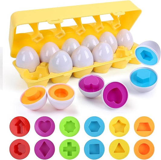 USATDD Matching Eggs for Toddlers Montessori Geometric Eggs Color & Shape Recognition Toy, Fine Motor Skills Shape Sorter Puzzle, Easter Eggs Toys Gifts for Kids, Easter Basket Stuffers by USATDD