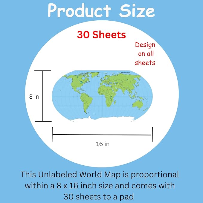 SHAPES ETC. 8" x 16" World Practice Maps Pad, Unlabeled, 30 Sheets - Image 2