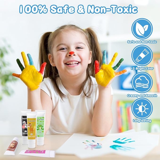 Washable Finger Paint for Toddlers 1-3, Safe Non-Toxic, 12 Vibrant Colors (1.22fl oz/36ml), Baby Safe Paint for Hand and Feet, DIY Mess Free Art Supplies, Preschool Learning Christmas Gifts