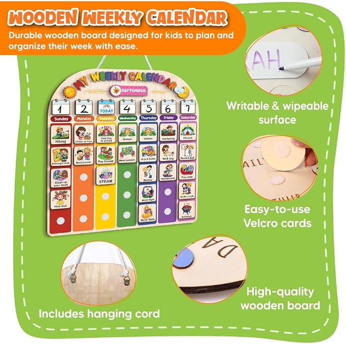 Wooden Weekly Calendar for Kids, Kids Weekly Planner, Large Week's Routine for Toddler, Daily Weekly Routine for Boys Girls Age 3+ (02) - Image 5