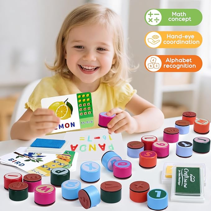 Toyssa Wooden Alphabet Number Stamp for Kids, ABC Spelling Learning Toys with Letter Stampers & 4 Ink Pads & Flashcards, Mathematics Preschool Educational Toys Gift for Kids Aged 3 4 5 Boys Girls