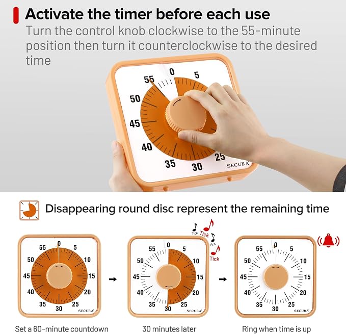 Secura 7.5 Inch Visual Timer, 60 Minute Oversize Countdown Visual Timer for Kids and Adults, Durable Mechanical Time Management Tool (Orange) - Image 3