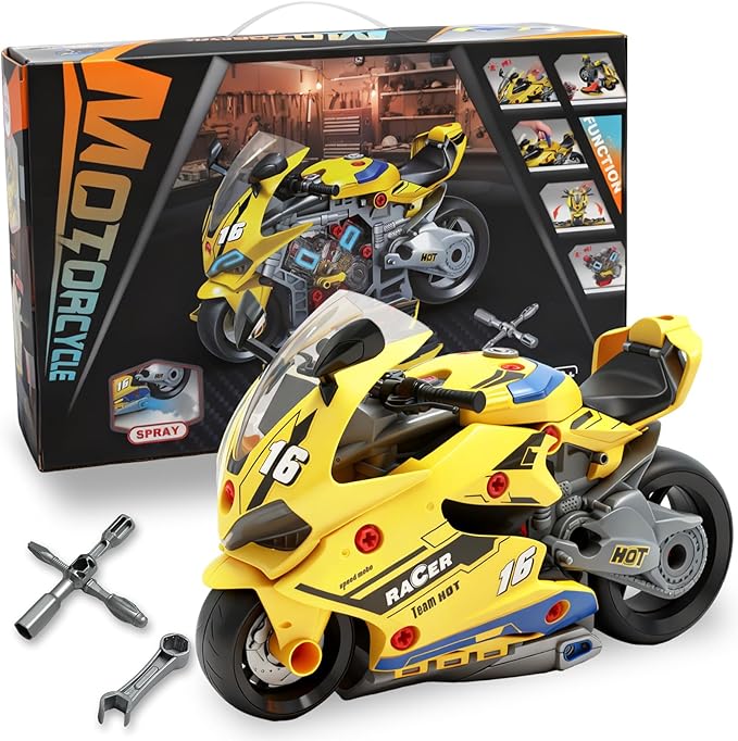 Take Apart Motorcycle Toys Kit, Motorcycle Model Toys for Kids Mechanic,Motorcycles Toy with Light, Sound & Spray for Toddlers 3+ Kids,Interactive Toy Engine Building Kit, Yellow