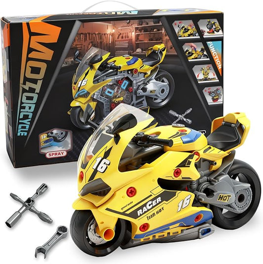 Take Apart Motorcycle Toys Kit, Motorcycle Model Toys for Kids Mechanic,Motorcycles Toy with Light, Sound & Spray for Toddlers 3+ Kids,Interactive Toy Engine Building Kit, Yellow