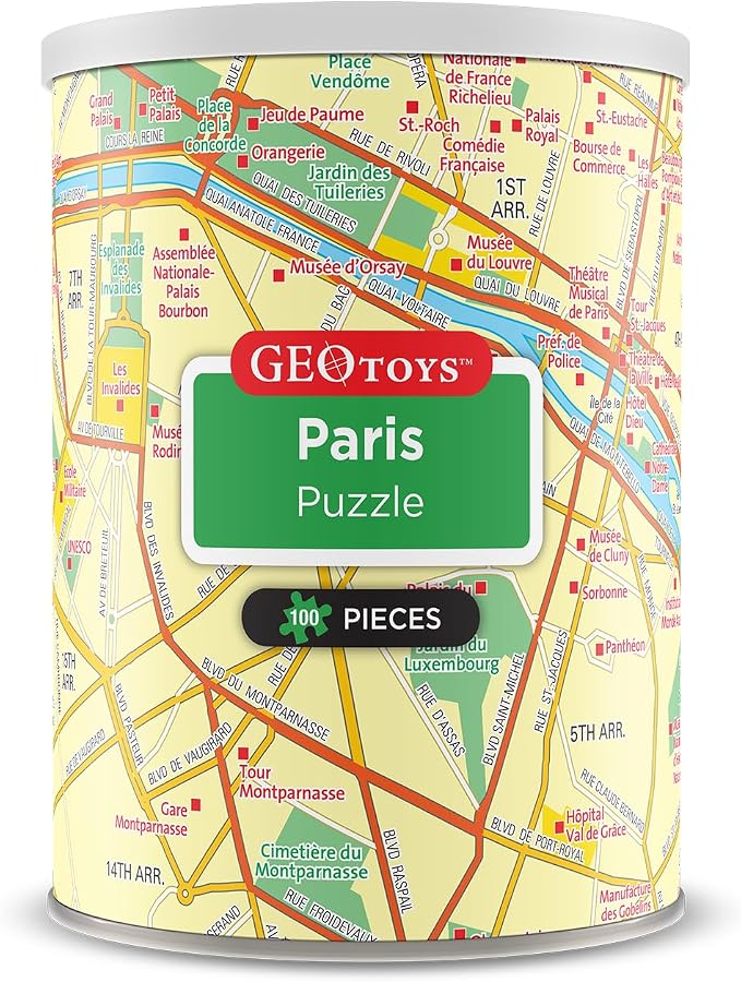 Geotoys Paris Mini Puzzle - 100 Piece Puzzles for Kids and Adults in Portable Can, 13" x 10" Educational Travel Puzzle for Ages 7 and Up - Mini Puzzles to Learn & Explore Geography by Geotoys