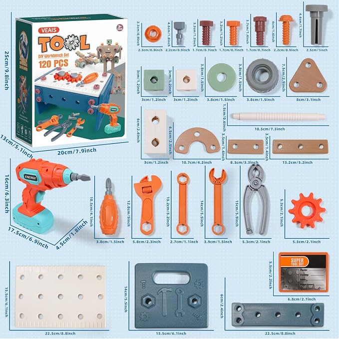 VEAIS Kids Tool Set with Drill,120Pcs Tool Set with ToolBench,Montessori Toy for 3+Year Old,Educational STEM Construction Toys for Ages 3-6,Pretend Play Kids Toys 3-5 Year Old Birthday Gift - Image 7