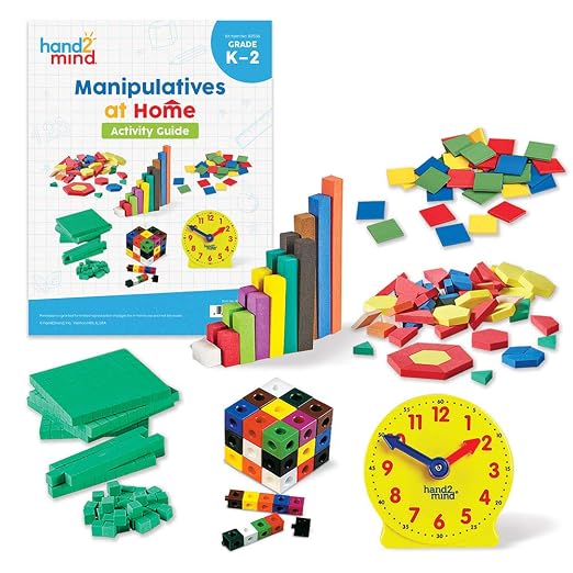 hand2mind-93538 Take Home Math Manipulatives Kit for Kids Grade K-2, with Snap Cubes, Base Ten Blocks, Cuisenaire Rods, Pattern Blocks, Color Tiles and Learning Clock, Homeschool Supplies (292 Pieces) by hand2mind