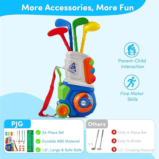 PJG Toddler Golf Set with Mat, Plastic Kids Golf Clubs 3-5 with 4 Golf Clubs and 10 Balls, Indoor and Outdoor Golf Toys with Cart for Toddlers Boys and Girls Aged 1 2 3 4 5 Years Old Birthday (Blue)