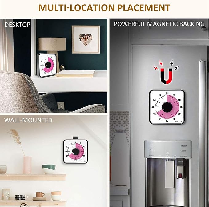 Secura 60-Minute Visual Countdown Timer, 7.5-Inch Oversize Classroom Visual Timer for Kids and Adults, Durable Mechanical Kitchen Timer Clock with Magnetic Backing (Peony Color) - Image 6