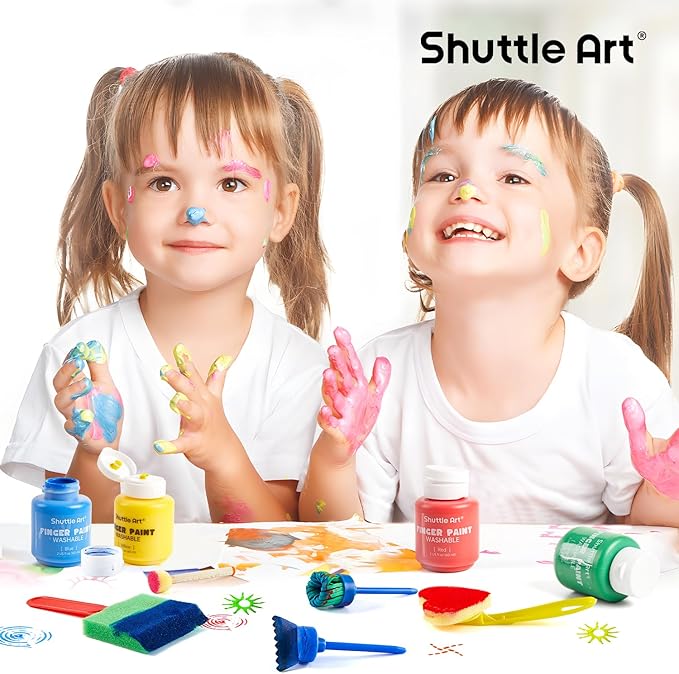 Shuttle Art Washable Finger Paint Set, 53 PCS with 14 Colors (2 fl oz), Paint Brushes, Sponge, Palette, Non-Toxic Finger Painting for Toddlers