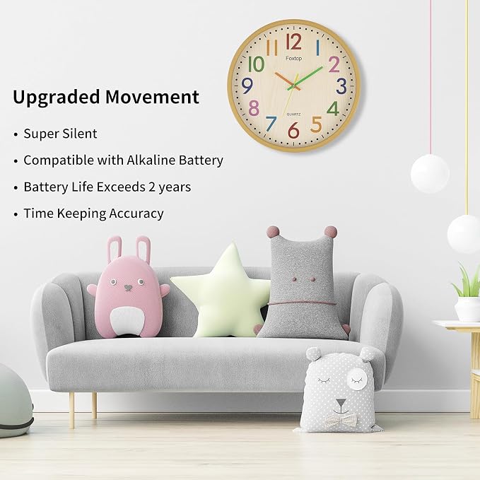 Foxtop 14 Inch Kids Wall Clock Silent Non-Ticking Battery Operated Colorful Childrens Wall Clock for Classroom Playroom Nursery Bedrooms Kids Room School - Image 3