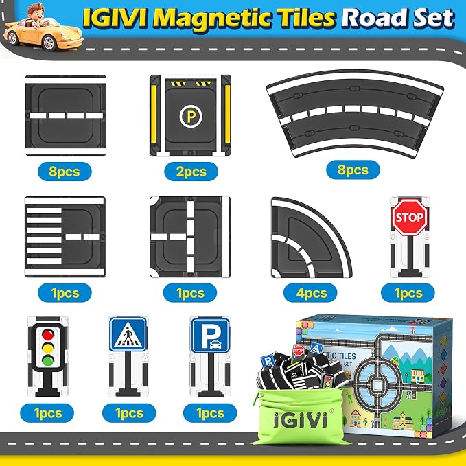Magnetic Tiles Road Set, Roads Expansion Pack, Magnetic Blocks Building Toys for Toddler, Creative Montessori Toys for 3+ Year Old Boys & Girls, Ideal Gifts for Kids Ages 3-5 5-7 - Image 5