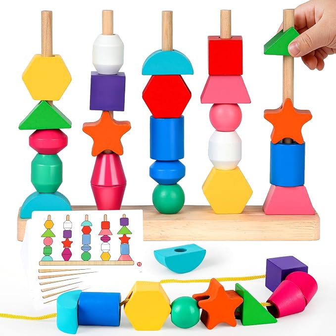 Montessori Wooden Threading Beads Set for Toddlers 3 4 5, Bead Sequencing & Stacking Toy with Pattern Cards, Lacing Beads, Shape Matching Stacker, Fine Motor STEM Learning Gift by JRUXJWI