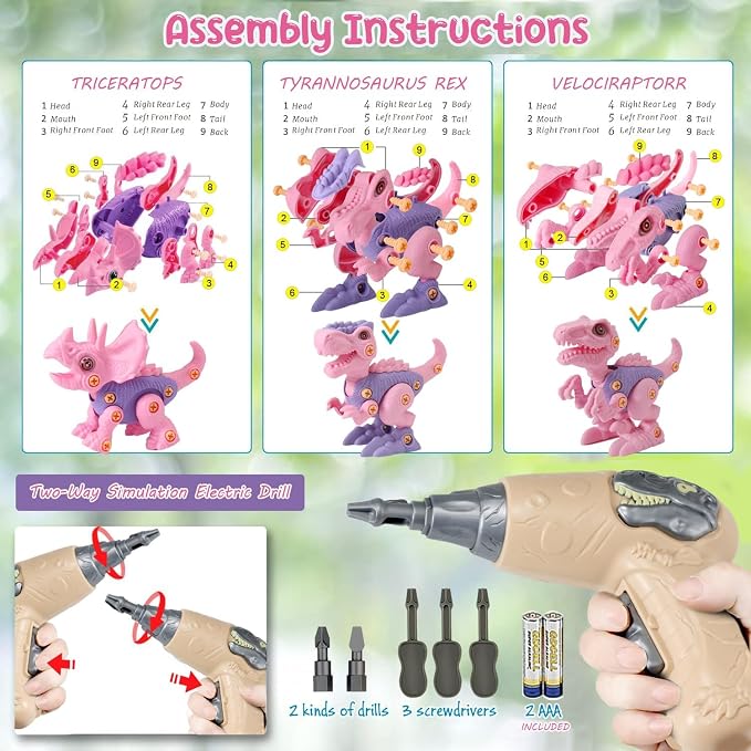 FREE TO FLY Girls Toys Take Apart Dinosaur: Pink Dinosaur Play Set for Kids 3-5 5-7, Stem Learning Educational Montessori for 3 4 5 6 7 8 Year Old Girls Toddlers Autism Sensory Xmas Birthday Gifts - Image 5