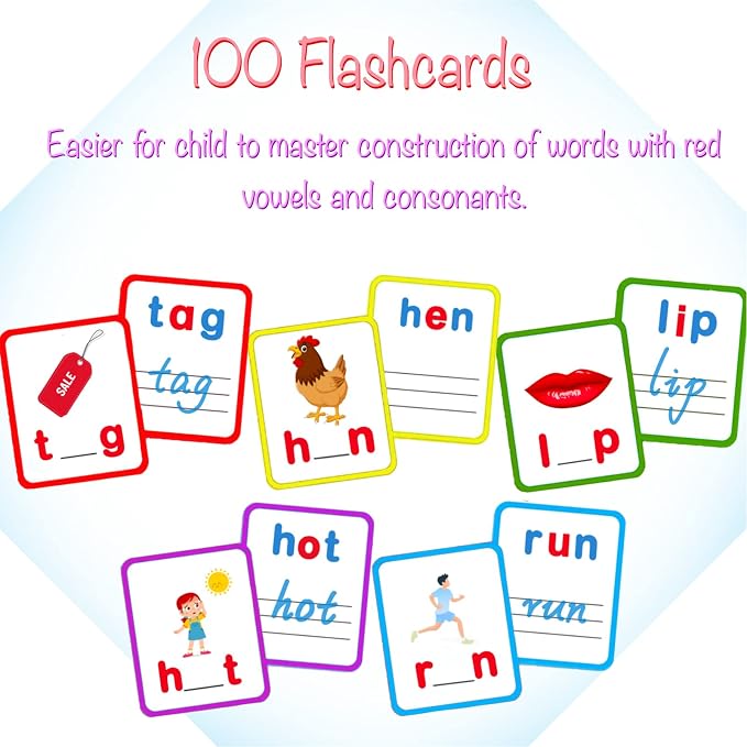 100 Short Vowel Spelling Flashcards, Handwriting Cards Learn to Write CVC Sight Words CVC Words Games for Kindergarten Learning Activities, Montessori Educational Toy Gift for Kids 3 4 5 6 Years Old - Image 3