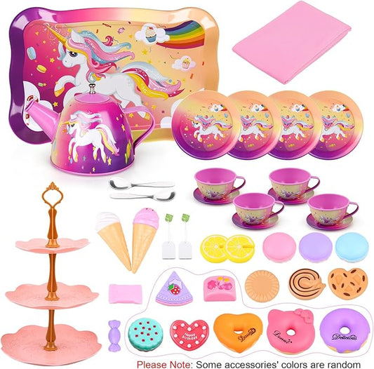 Auney Tea Party Set Toys for Girls, Tin Unicorn Tea Set Pretend Play Girls Toys Gifts for Age 3-6, Kids Toys Gifts for Toddlers Including Carrying Case (New Unicorn)
