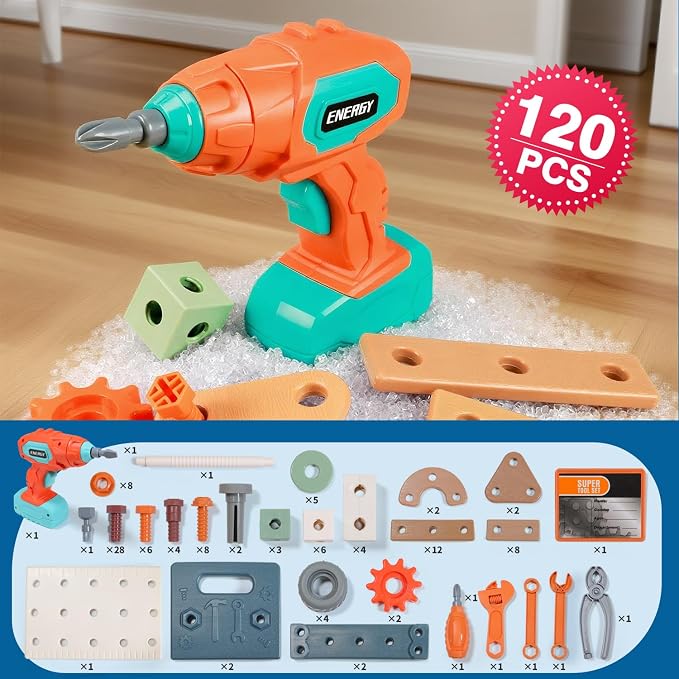 VEAIS Kids Tool Set with Drill,120Pcs Tool Set with ToolBench,Montessori Toy for 3+Year Old,Educational STEM Construction Toys for Ages 3-6,Pretend Play Kids Toys 3-5 Year Old Birthday Gift - Image 3