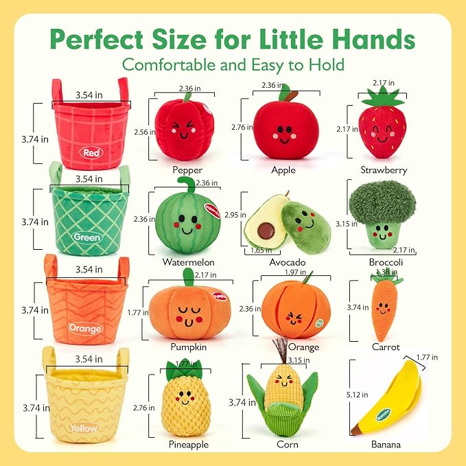 hahaland Baby Sensory Toys - 16 PCS My First Fruit Vegetable Color Sorting Play Food with Crinkle, Rattle, Baby Toys 6-12 Months Montessori Toys for 1 Year Old Boy Girl Gifts Toddler Stocking Stuffers