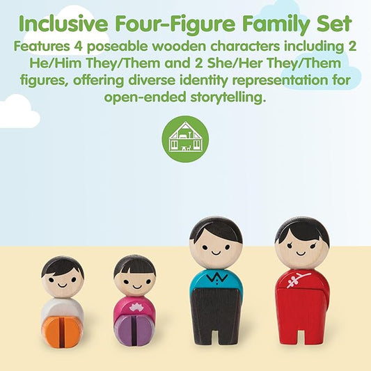 PlanToys® PlanWorld Family Set | 4 Wooden Poseable Figures for PlanCity & PlanWorld Playsets | Montessori Pretend Play Family with Flexible Arms & Legs | Eco-Friendly Sustainable Wooden Toy for Kids