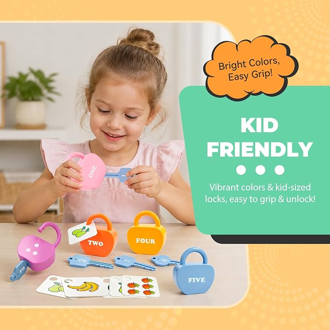 GEERAY Cause and Effect Toys for Toddlers 3+, Montessori Lock & Key Set with 5 Apple-Shaped Locks, Keys & 10 Cards – Learn Numbers, Colors & Motor Skills STEM Toy Gift for Home & Classroom - Image 3
