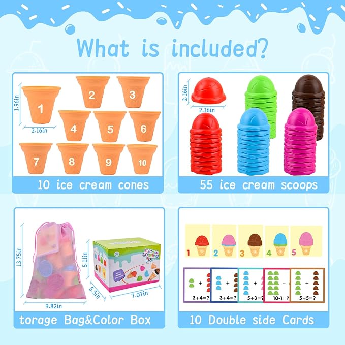 Ice Cream Counting and Color Sorting Stacking Toys for Kids Boys Girls Age 3-5,Montessori Preschool Kindergarten Learning Activities Fine Motor Skill Toys, Number Math Games Learning Toy Gifts - Image 2