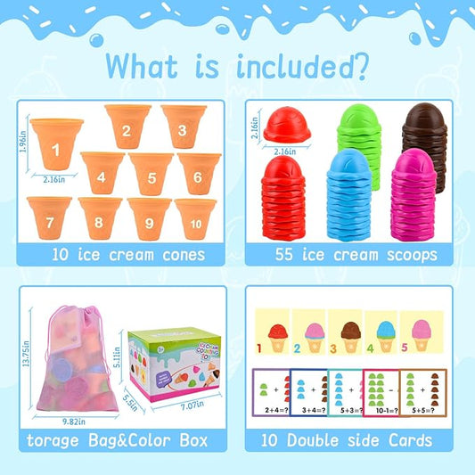 Ice Cream Counting and Color Sorting Stacking Toys for Kids Boys Girls Age 3-5,Montessori Preschool Kindergarten Learning Activities Fine Motor Skill Toys, Number Math Games Learning Toy Gifts - Image 2