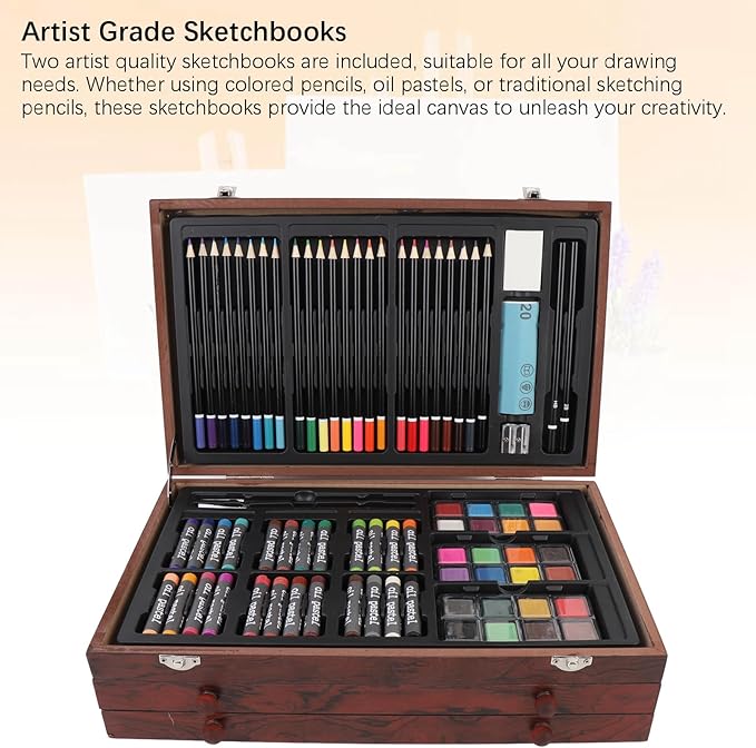 ZAICOLER 158 PCS Deluxe Art Set, Wooden Box Painting Drawing Kit with 2 Sketchbooks 24 Paints Oil Pastels Colored Pencils Crayons Brushes for Kids Teens Adults Artists Beginners