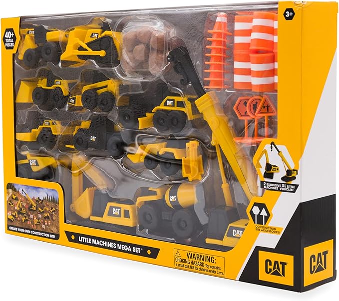 CAT Construction Toys, Little Machines Mega Set – 40+ Pieces with XL Crane & Excavator, 10 Mini Vehicles, Road Signs, Cones, Boulders & Barricades, Indoor/Outdoor STEM Toy for Kids Ages 3 + - Image 7