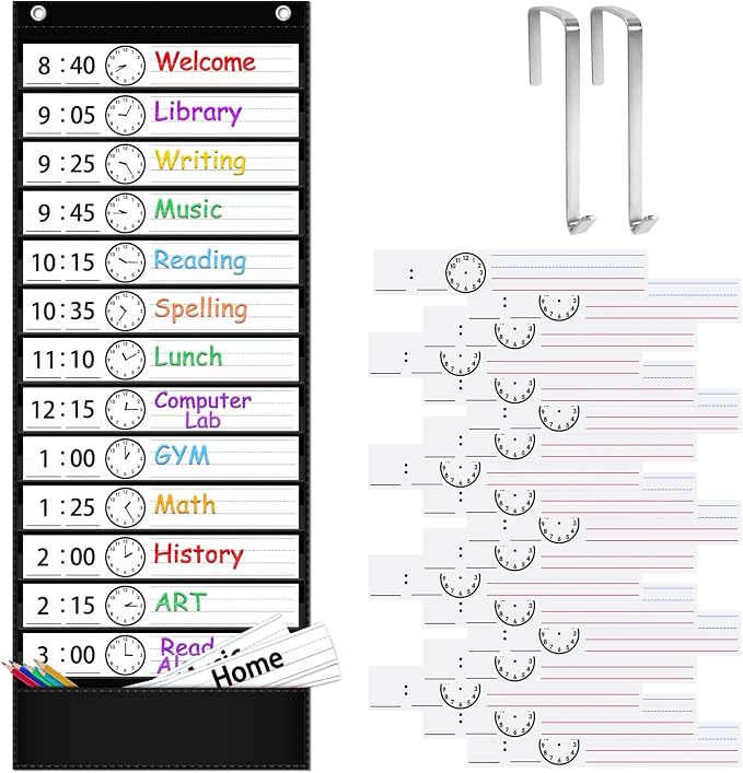 ZKOO Daily Schedule Pocket Chart for Kids, 13+1 Pocket Visual Schedule for Autism ADHD Classroom, 18 Reusable Double-Sided Dry-Erase Cards, Homeschool Special Education Routine Chart (Black) by ZKOO